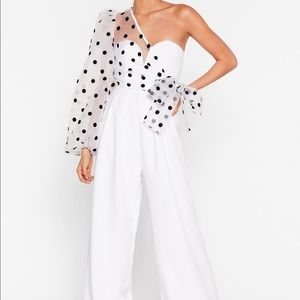Organza polka dot one shoulder jumpsuit